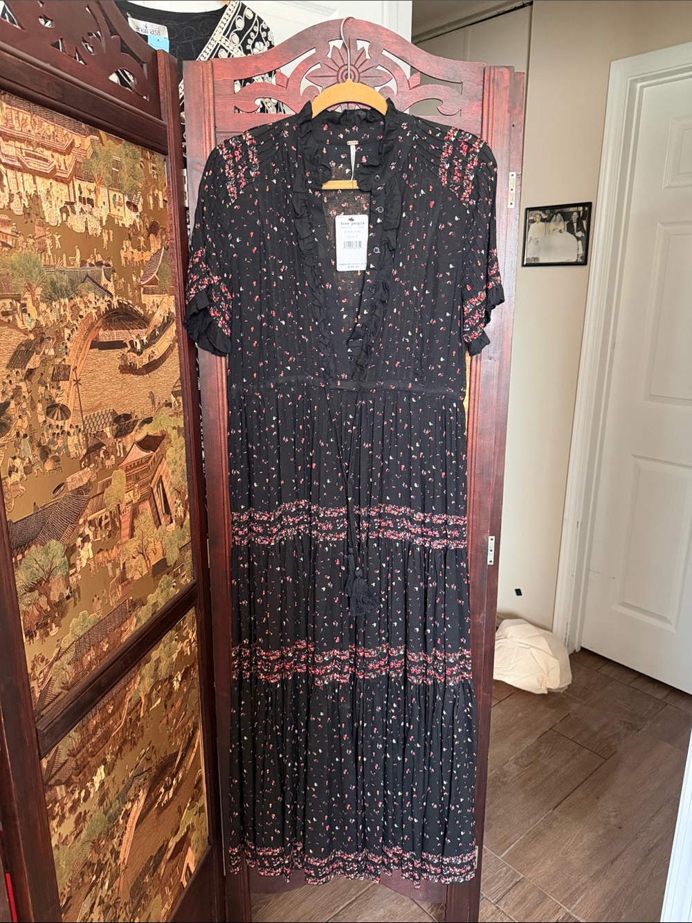 Free People Black Maxi Dress with Pink Floral Print